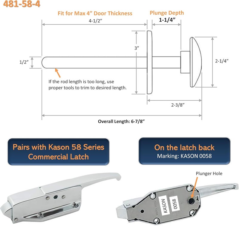 Awoco Kason 481 Inside Release Handle, Glow in Dark, Push Rod for 4" Thick Door of Walk-in Coolers and Freezers, Overall 6-7/8" (Steel 58 Short) - Image 4